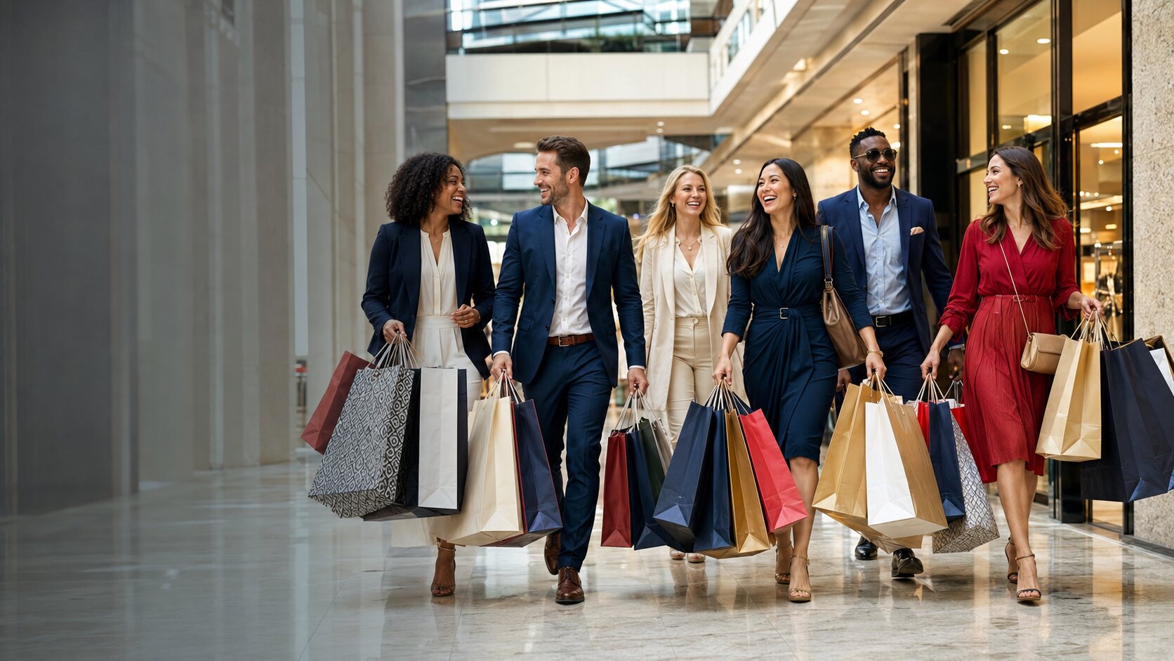 Happy shoppers carrying full shopping bags through the Chamber marketplace